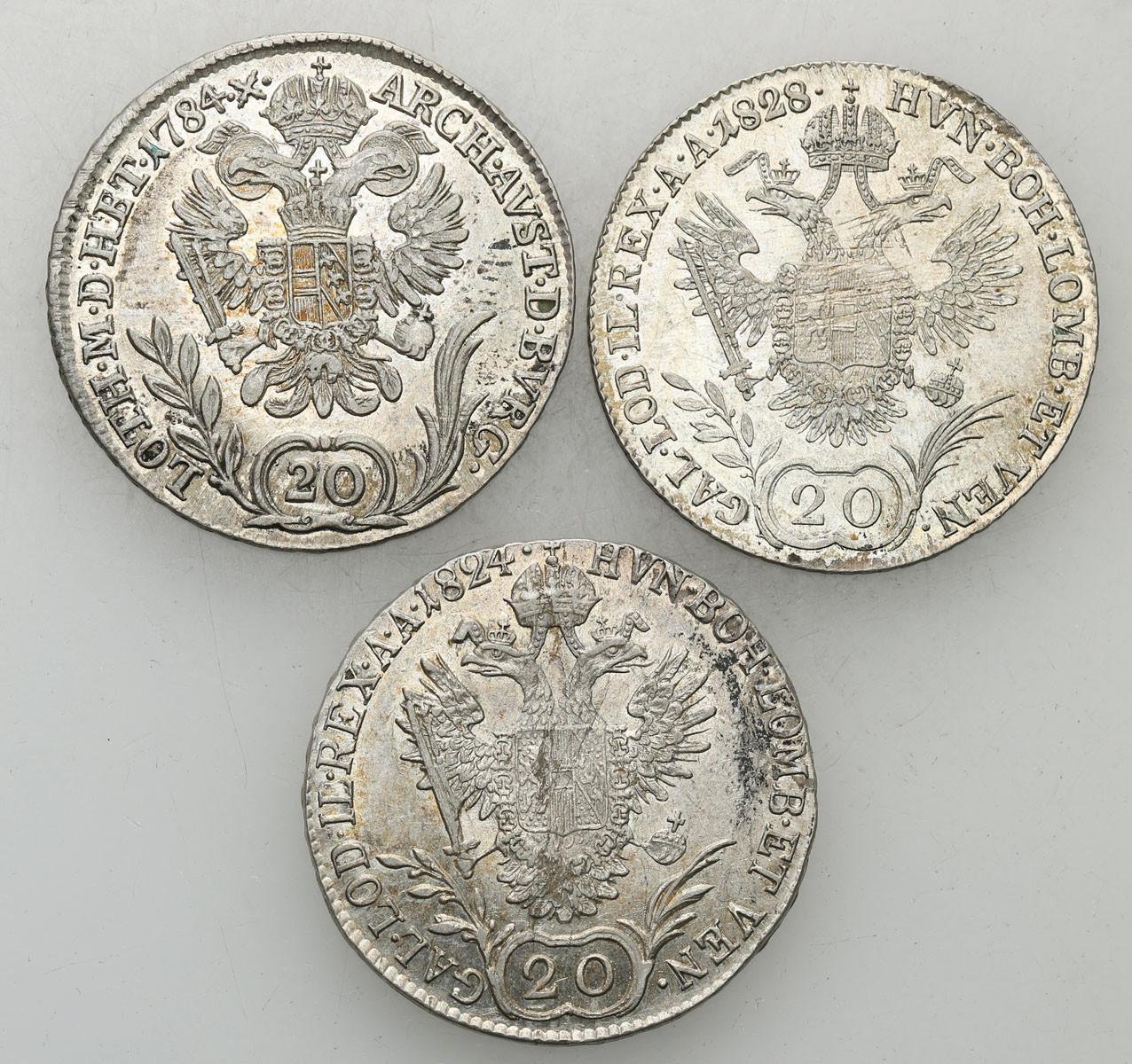 Austria. Józef II, 20 krajcarów 1784 B, Kremnica, 1824, 1828 E, Karlsburg, zestaw 3 monet
